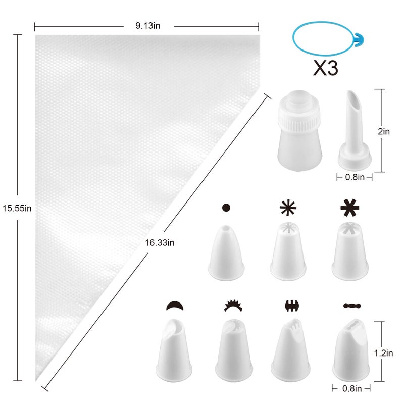 Weetiee Pastry Bag - 100 Pieces 16 Inch [Extra Thick] Disposable Piping Bags Set with 8 decorating tips, 1 coupler and 3 Bag Ties for Cake Decorating Royal Frosting - Image 2